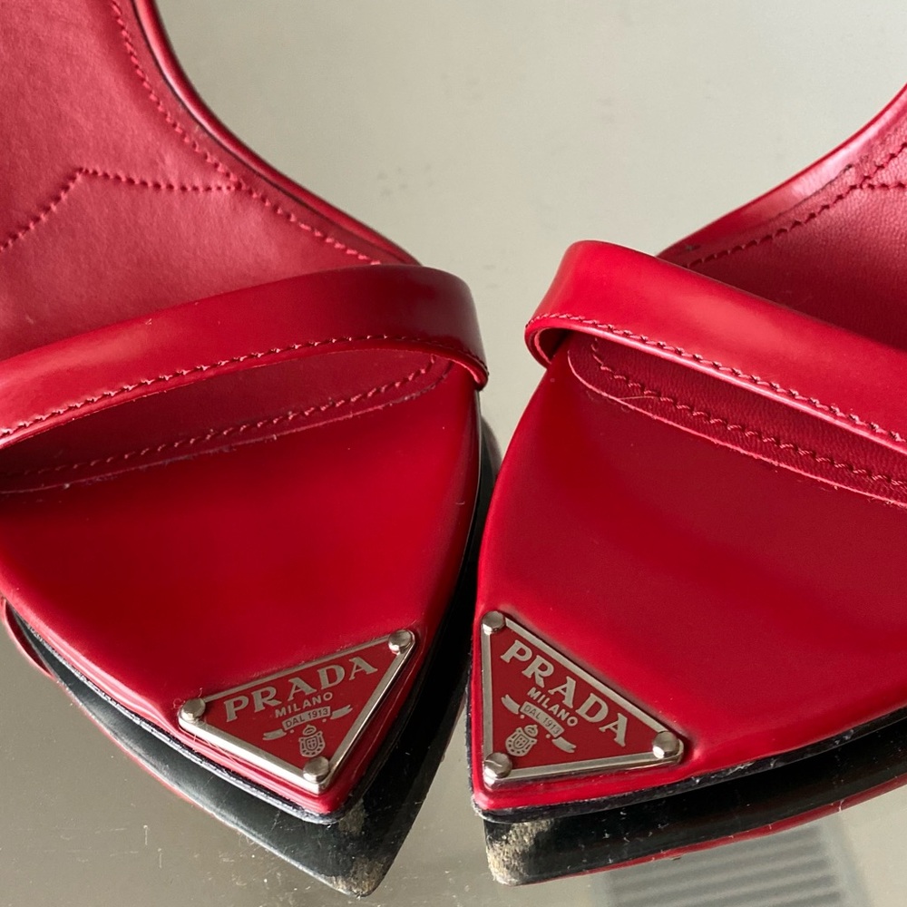 Prada Red Pointed Toe Ankle Strap Heels - Picture 5 of 12
